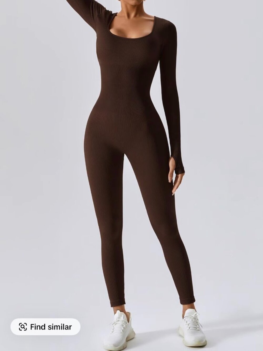 Brown Sporty Clean Girl Solid Ribbed Long Sleeve Tummy Control Jumpsuit Size S